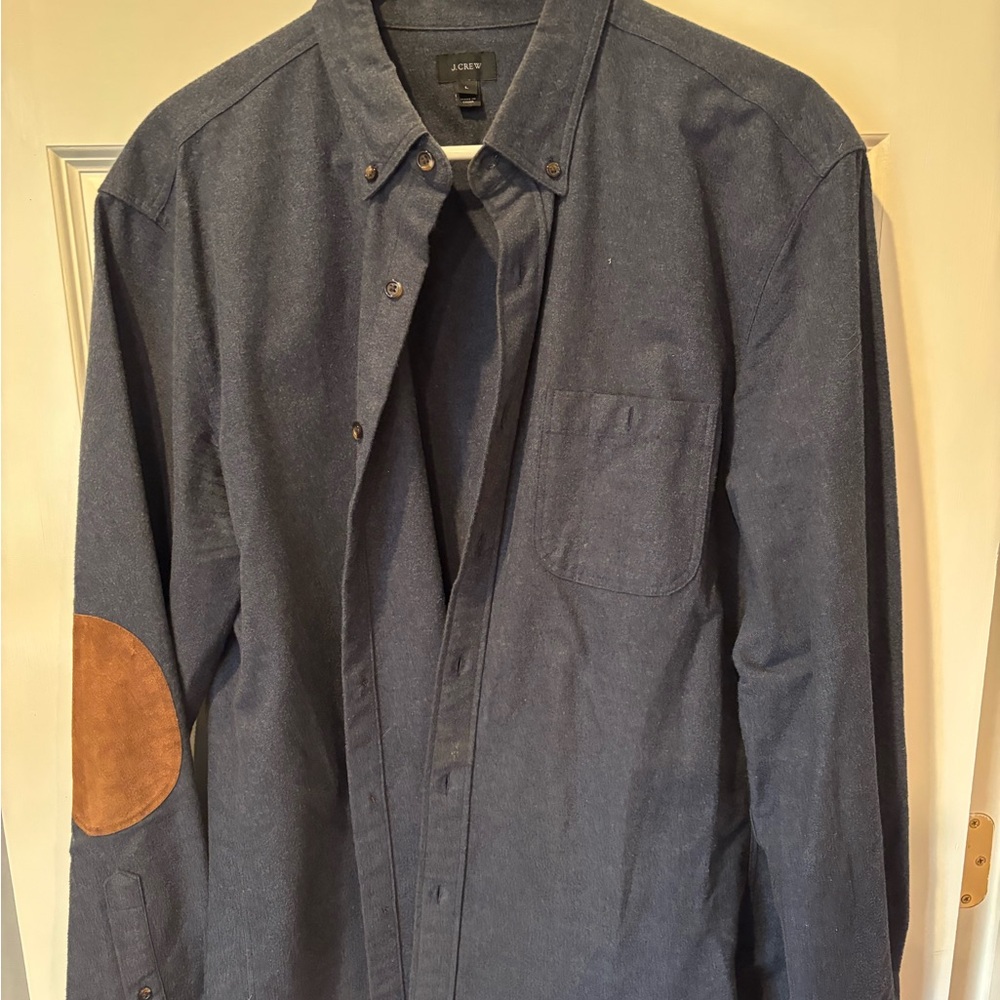 J. Crew Navy Flannel Shirt with Tan Elbow Patches